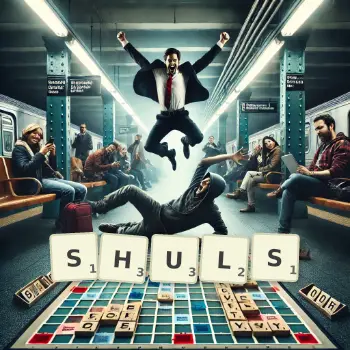 Creative illustration for a Scrabble game with the word SHULS spelled out in tiles on the board.