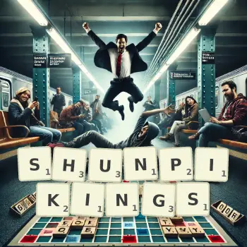 Creative illustration for a Scrabble game with the word SHUNPIKINGS spelled out in tiles on the board.