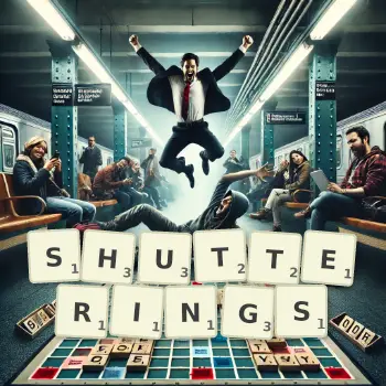 Creative illustration for a Scrabble game with the word SHUTTERINGS spelled out in tiles on the board.
