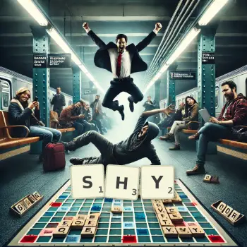 Creative illustration for a Scrabble game with the word SHY spelled out in tiles on the board.