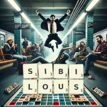 Creative illustration for a Scrabble game with the word SIBILOUS spelled out in tiles on the board.