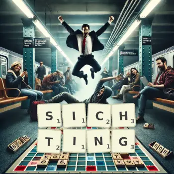 Creative illustration for a Scrabble game with the word SICHTING spelled out in tiles on the board.