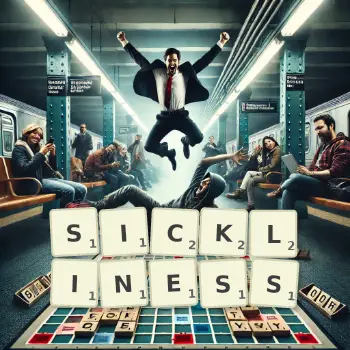 Creative illustration for a Scrabble game with the word SICKLINESS spelled out in tiles on the board.