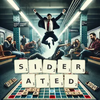 Creative illustration for a Scrabble game with the word SIDERATED spelled out in tiles on the board.