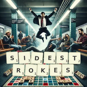 Creative illustration for a Scrabble game with the word SIDESTROKES spelled out in tiles on the board.