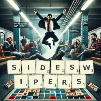 Creative illustration for a Scrabble game with the word SIDESWIPERS spelled out in tiles on the board.