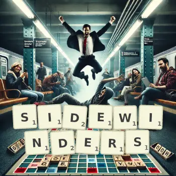Creative illustration for a Scrabble game with the word SIDEWINDERS spelled out in tiles on the board.