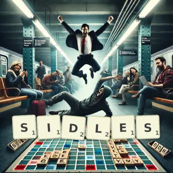 Creative illustration for a Scrabble game with the word SIDLES spelled out in tiles on the board.