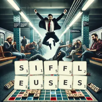 Creative illustration for a Scrabble game with the word SIFFLEUSES spelled out in tiles on the board.