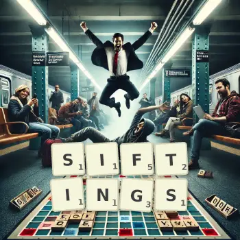 Creative illustration for a Scrabble game with the word SIFTINGS spelled out in tiles on the board.
