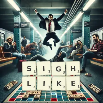 Creative illustration for a Scrabble game with the word SIGHLIKE spelled out in tiles on the board.