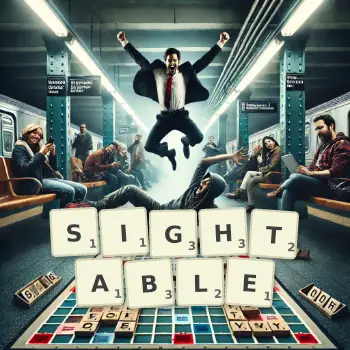 Creative illustration for a Scrabble game with the word SIGHTABLE spelled out in tiles on the board.
