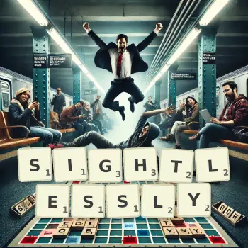 Creative illustration for a Scrabble game with the word SIGHTLESSLY spelled out in tiles on the board.