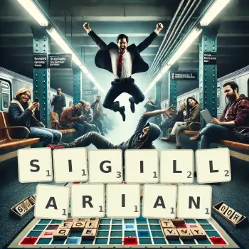 Creative illustration for a Scrabble game with the word SIGILLARIAN spelled out in tiles on the board.