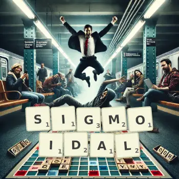 Creative illustration for a Scrabble game with the word SIGMOIDAL spelled out in tiles on the board.