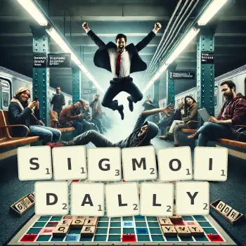 Creative illustration for a Scrabble game with the word SIGMOIDALLY spelled out in tiles on the board.