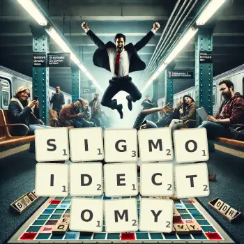 Creative illustration for a Scrabble game with the word SIGMOIDECTOMY spelled out in tiles on the board.