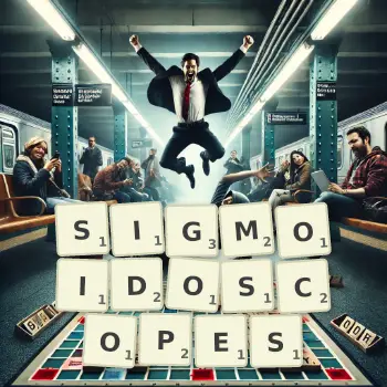 Creative illustration for a Scrabble game with the word SIGMOIDOSCOPES spelled out in tiles on the board.