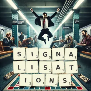 Creative illustration for a Scrabble game with the word SIGNALISATIONS spelled out in tiles on the board.