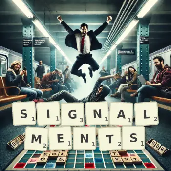 Creative illustration for a Scrabble game with the word SIGNALMENTS spelled out in tiles on the board.