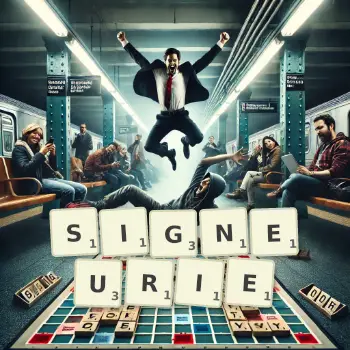 Creative illustration for a Scrabble game with the word SIGNEURIE spelled out in tiles on the board.