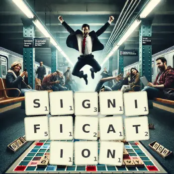 Creative illustration for a Scrabble game with the word SIGNIFICATION spelled out in tiles on the board.