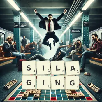 Creative illustration for a Scrabble game with the word SILAGING spelled out in tiles on the board.