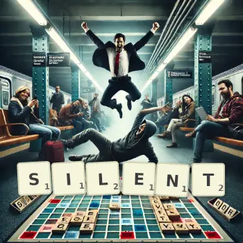 Creative illustration for a Scrabble game with the word SILENT spelled out in tiles on the board.