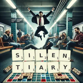 Creative illustration for a Scrabble game with the word SILENTIARY spelled out in tiles on the board.