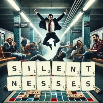 Creative illustration for a Scrabble game with the word SILENTNESSES spelled out in tiles on the board.