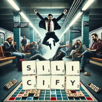 Creative illustration for a Scrabble game with the word SILICIFY spelled out in tiles on the board.