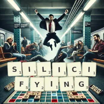 Creative illustration for a Scrabble game with the word SILICIFYING spelled out in tiles on the board.