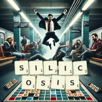 Creative illustration for a Scrabble game with the word SILICOSIS spelled out in tiles on the board.