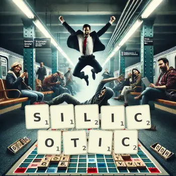 Creative illustration for a Scrabble game with the word SILICOTIC spelled out in tiles on the board.