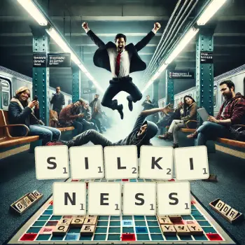 Creative illustration for a Scrabble game with the word SILKINESS spelled out in tiles on the board.