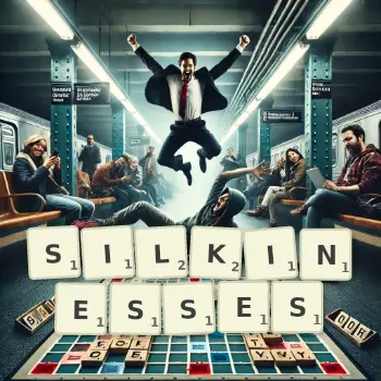 Creative illustration for a Scrabble game with the word SILKINESSES spelled out in tiles on the board.