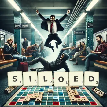 Creative illustration for a Scrabble game with the word SILOED spelled out in tiles on the board.