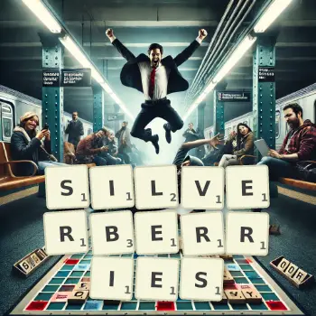 Creative illustration for a Scrabble game with the word SILVERBERRIES spelled out in tiles on the board.
