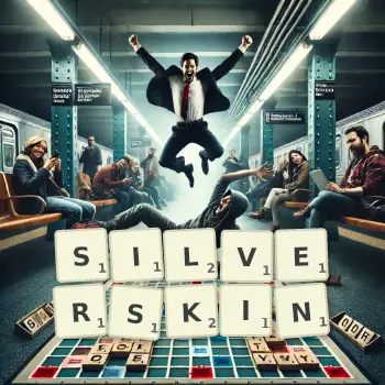 Creative illustration for a Scrabble game with the word SILVERSKIN spelled out in tiles on the board.