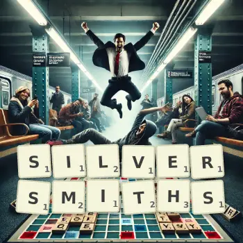 Creative illustration for a Scrabble game with the word SILVERSMITHS spelled out in tiles on the board.