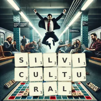 Creative illustration for a Scrabble game with the word SILVICULTURAL spelled out in tiles on the board.