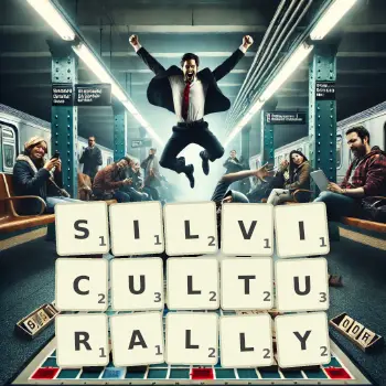 Creative illustration for a Scrabble game with the word SILVICULTURALLY spelled out in tiles on the board.