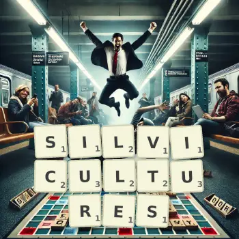 Creative illustration for a Scrabble game with the word SILVICULTURES spelled out in tiles on the board.