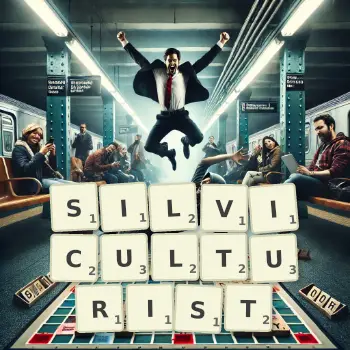 Creative illustration for a Scrabble game with the word SILVICULTURIST spelled out in tiles on the board.