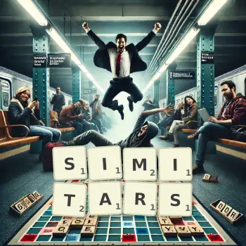 Creative illustration for a Scrabble game with the word SIMITARS spelled out in tiles on the board.