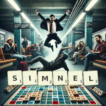 Creative illustration for a Scrabble game with the word SIMNEL spelled out in tiles on the board.