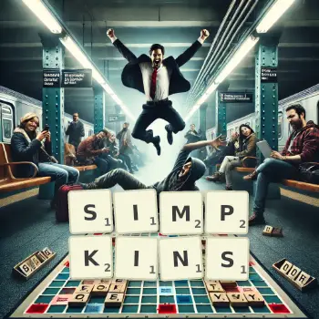 Creative illustration for a Scrabble game with the word SIMPKINS spelled out in tiles on the board.