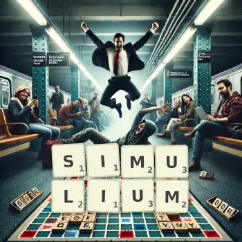 Creative illustration for a Scrabble game with the word SIMULIUM spelled out in tiles on the board.