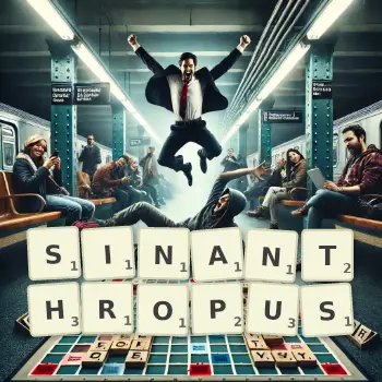 Creative illustration for a Scrabble game with the word SINANTHROPUS spelled out in tiles on the board.