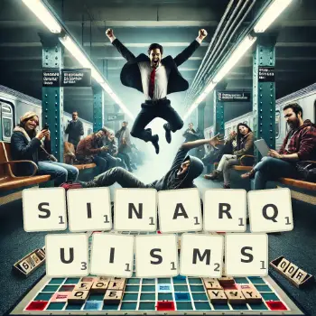 Creative illustration for a Scrabble game with the word SINARQUISMS spelled out in tiles on the board.